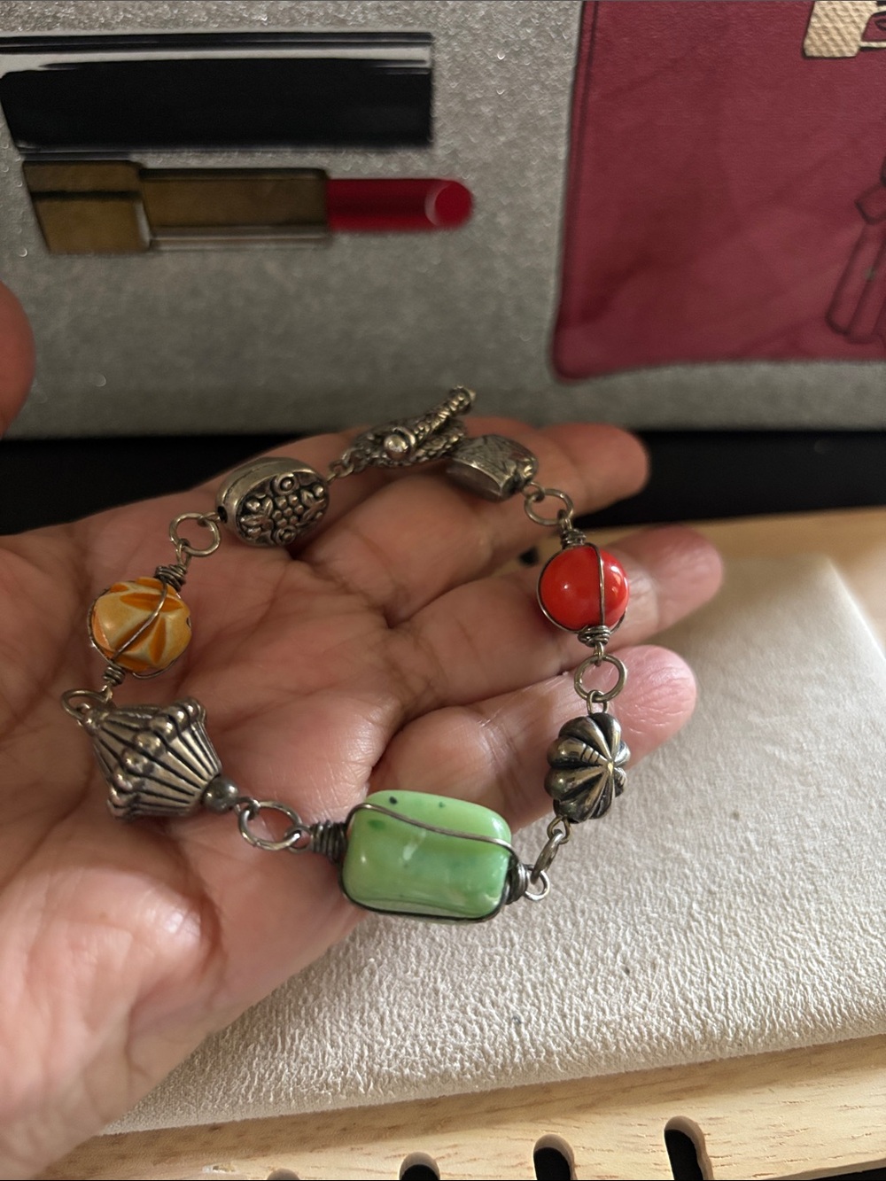 Handmade Multicolor Bead and Silver-Link Bracelet - Green, Red, Orange Accents